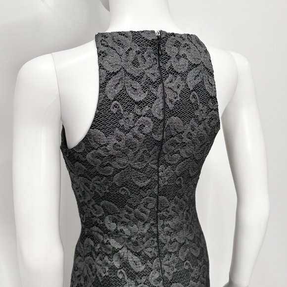 Belle Badgley Mischka Lace Overlay Back Slit Shimmer Maxi Dress Gown Black Sz 4 - Picture 11 of 16